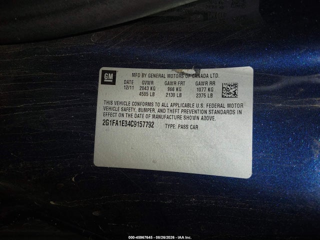 2012 Chevrolet Camaro 2ls მანქანა იყიდება აუქციონზე, vin: 2G1FA1E34C9157792, აუქციონის ნომერი: 45967645