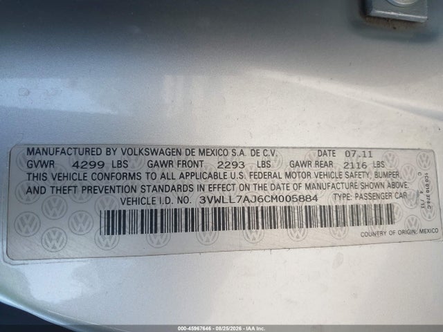 2012 Volkswagen Jetta 2.0l Tdi მანქანა იყიდება აუქციონზე, vin: 3VWLL7AJ6CM005884, აუქციონის ნომერი: 45967646