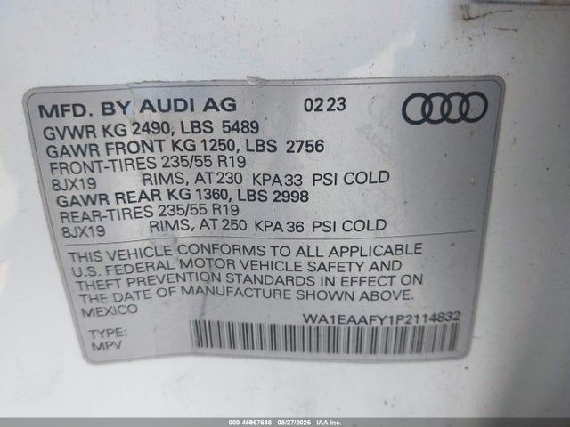 Продаж на аукціоні авто 2023 Audi Q5 Premium Plus 45 Tfsi S Line Quattro, vin: WA1EAAFY1P2114832, номер лоту: 45967648