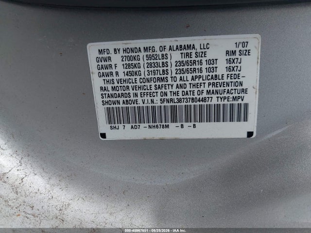 Продажа на аукционе авто 2007 Honda Odyssey Ex-l, vin: 5FNRL38737B044877, номер лота: 45967651