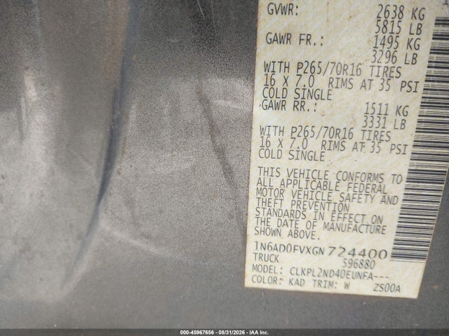 45967656 :رقم المزاد ، 1N6AD0FVXGN724400 vin ، 2016 Nissan Frontier Sv مزاد بيع