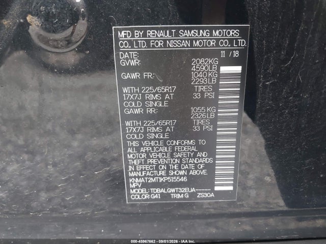 45967662 :رقم المزاد ، KNMAT2MT1KP515546 vin ، 2019 Nissan Rogue Sv مزاد بيع