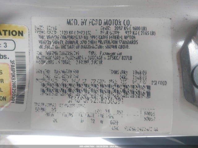45967664 :رقم المزاد ، 3FA6P0K92HR250391 vin ، 2017 Ford Fusion Platinum مزاد بيع