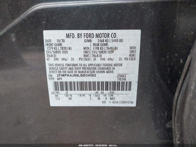 2020 Ford Edge St Line მანქანა იყიდება აუქციონზე, vin: 2FMPK4J99LBB34582, აუქციონის ნომერი: 45967675