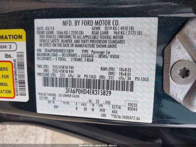 Продажа на аукционе авто 2014 Ford Fusion Se, vin: 3FA6P0HD4ER315829, номер лота: 45967681