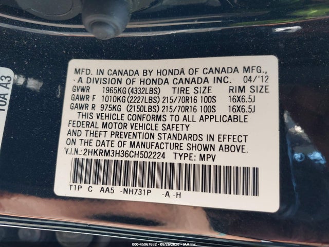 45967682 :رقم المزاد ، 2HKRM3H36CH502224 vin ، 2012 Honda Cr-v Lx مزاد بيع