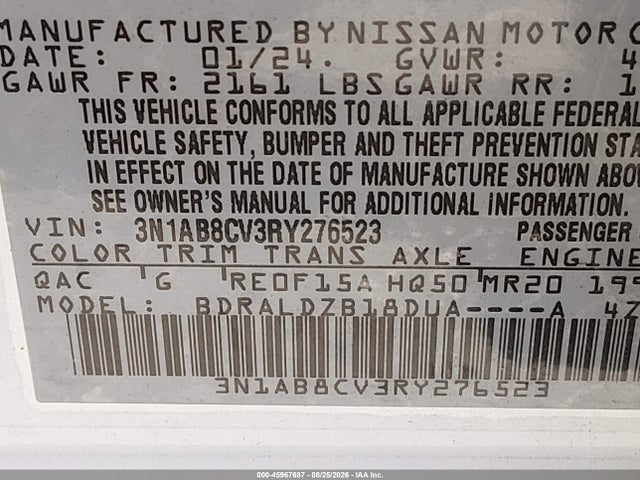 Продаж на аукціоні авто 2024 Nissan Sentra Sv Xtronic Cvt, vin: 3N1AB8CV3RY276523, номер лоту: 45967687