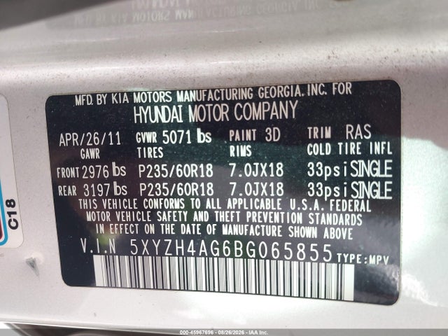 Aukcja sprzedaży 2011 Hyundai Santa Fe Se, vin: 5XYZH4AG6BG065855, numer aukcji: 45967696