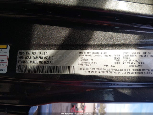 2022 Jeep Gladiator Sport S 4x4 მანქანა იყიდება აუქციონზე, vin: 1C6JJTAM2NL153819, აუქციონის ნომერი: 45967700