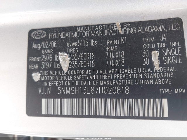 45967712 :رقم المزاد ، 5NMSH13E87H020618 vin ، 2007 Hyundai Santa Fe Limited/se مزاد بيع