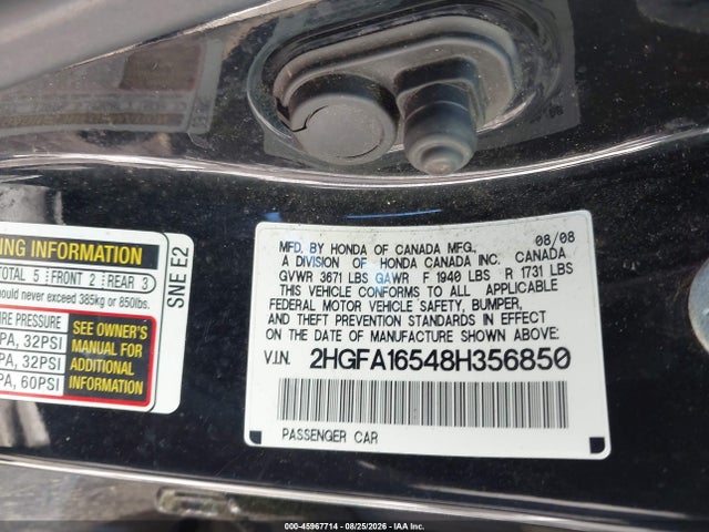Продаж на аукціоні авто 2008 Honda Civic Lx, vin: 2HGFA16548H356850, номер лоту: 45967714