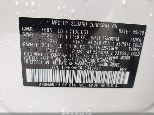 45967729 :رقم المزاد ، 4S4BSANC0J3340420 vin ، 2018 Subaru Outback 2.5i Limited مزاد بيع