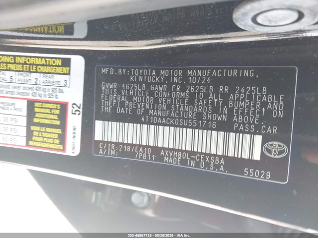 Продажа на аукционе авто 2025 Toyota Camry Se, vin: 4T1DAACK0SU551716, номер лота: 45967735