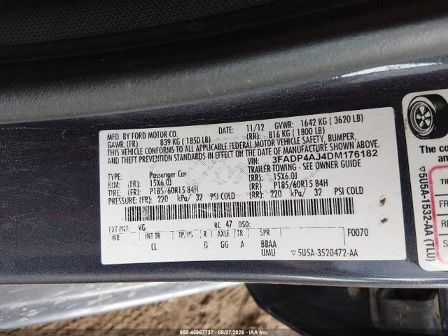 45967737 :رقم المزاد ، 3FADP4AJ4DM176182 vin ، 2013 Ford Fiesta S مزاد بيع