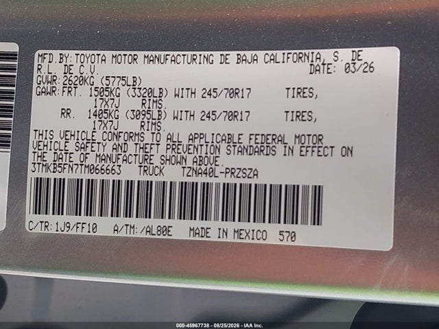 Продажа на аукционе авто 2026 Toyota Tacoma Sr5, vin: 3TMKB5FN7TM066663, номер лота: 45967738
