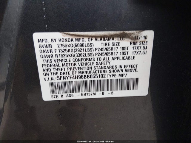 Продажа на аукционе авто 2011 Honda Pilot Touring, vin: 5FNYF4H96BB055102, номер лота: 45967741