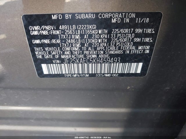 2019 Subaru Forester Premium მანქანა იყიდება აუქციონზე, vin: JF2SKAEC5KH459493, აუქციონის ნომერი: 45967742