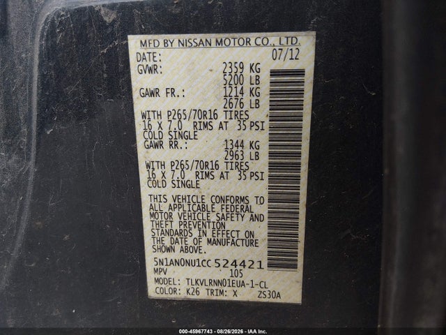 Продаж на аукціоні авто 2012 Nissan Xterra S, vin: 5N1AN0NU1CC524421, номер лоту: 45967743
