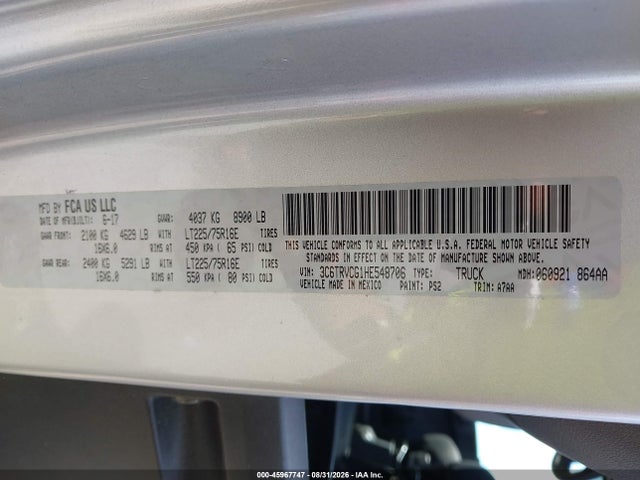 45967747 :رقم المزاد ، 3C6TRVCG1HE548706 vin ، 2017 Ram Promaster 2500 High Roof 136 Wb مزاد بيع