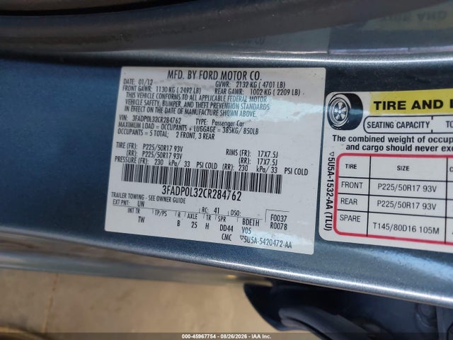 Aukcja sprzedaży 2012 Ford Fusion Hybrid, vin: 3FADP0L32CR284762, numer aukcji: 45967754