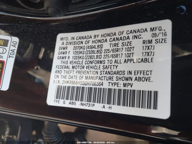 45967756 :رقم المزاد ، 2HKRM4H55GH706364 vin ، 2016 Honda Cr-v Ex مزاد بيع