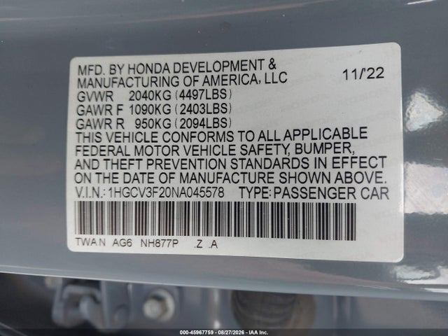 Продажа на аукционе авто 2022 Honda Accord Hybrid Sport, vin: 1HGCV3F20NA045578, номер лота: 45967759