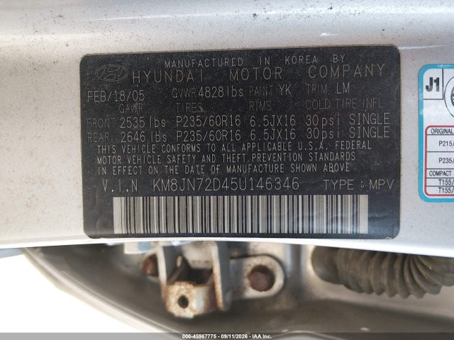 45967775 :رقم المزاد ، KM8JN72D45U146346 vin ، 2005 Hyundai Tucson Gls/lx مزاد بيع