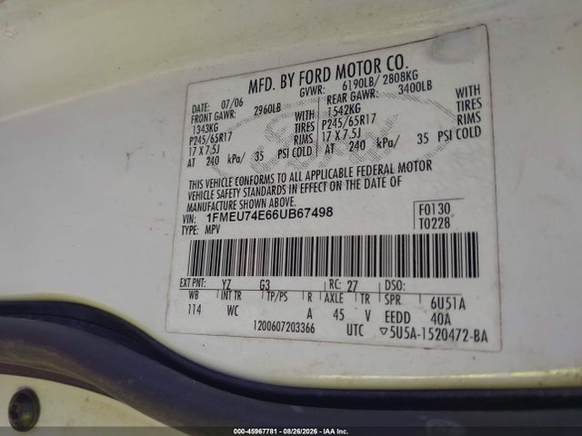 Aukcja sprzedaży 2006 Ford Explorer Eddie Bauer, vin: 1FMEU74E66UB67498, numer aukcji: 45967781