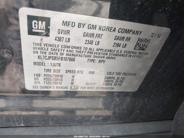 45967783 :رقم المزاد ، KL7CJPSB5FB107668 vin ، 2015 Chevrolet Trax Ls مزاد بيع