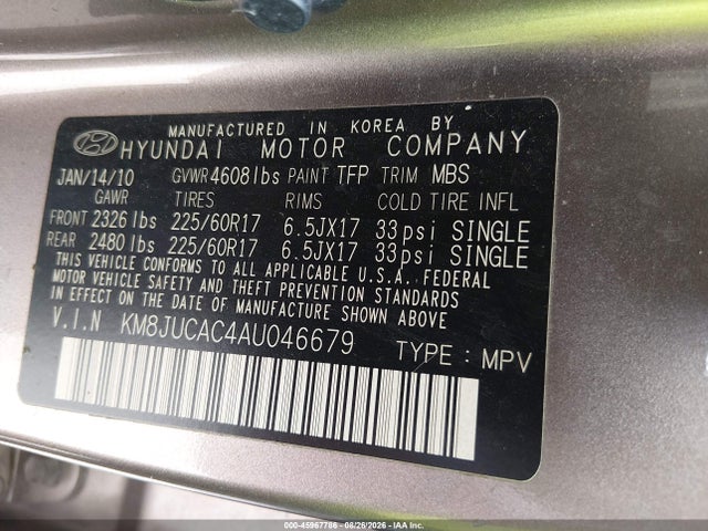 45967786 :رقم المزاد ، KM8JUCAC4AU046679 vin ، 2010 Hyundai Tucson Gls مزاد بيع