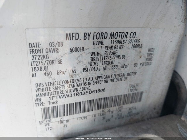 Aukcja sprzedaży 2008 Ford F-350 Fx4/harley-davidson/king Ranch/lariat/xl/xlt, vin: 1FTWW31R08ED61606, numer aukcji: 45967793