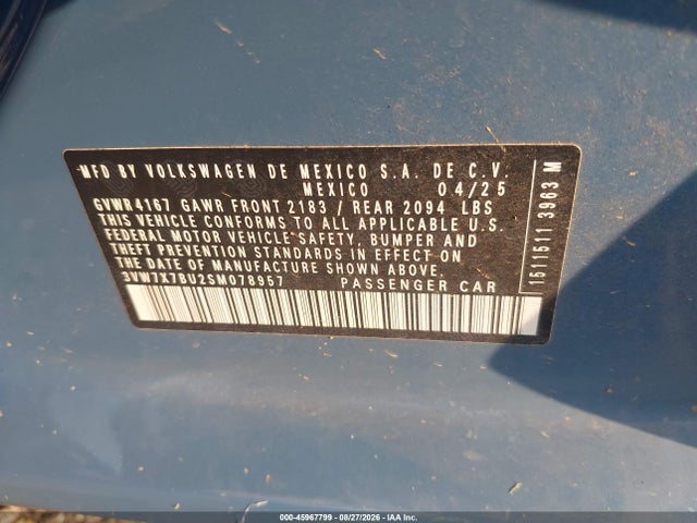 2025 Volkswagen Jetta 1.5t Se მანქანა იყიდება აუქციონზე, vin: 3VW7X7BU2SM078957, აუქციონის ნომერი: 45967799