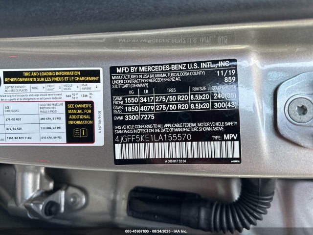 45967803 :رقم المزاد ، 4JGFF5KE1LA155570 vin ، 2020 Mercedes-benz Gls 450 4matic مزاد بيع