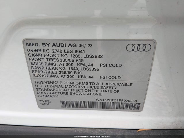2023 Audi Q4 E-tron Premium 50 Quattro მანქანა იყიდება აუქციონზე, vin: WA1K2BFZ1PP076259, აუქციონის ნომერი: 45967805