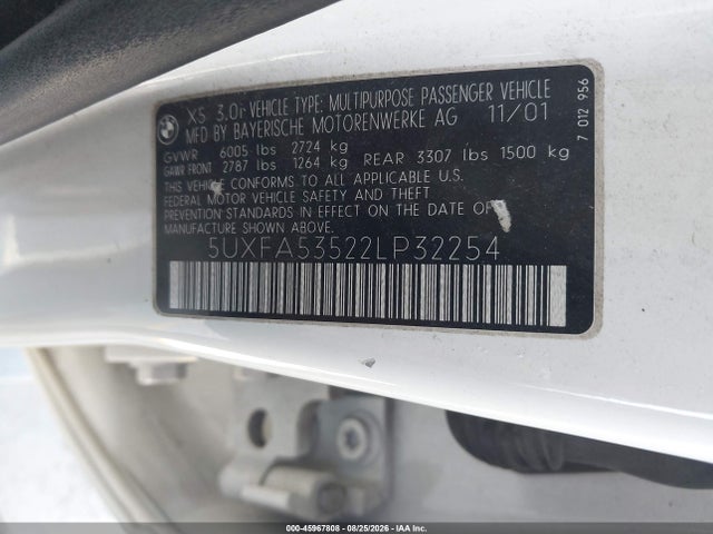 45967808 :رقم المزاد ، 5UXFA53522LP32254 vin ، 2002 Bmw X5 3.0i مزاد بيع