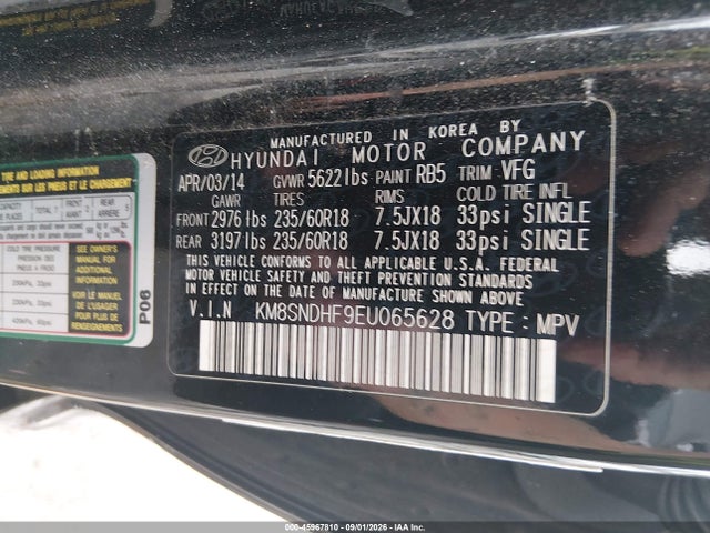 Продаж на аукціоні авто 2014 Hyundai Santa Fe Gls, vin: KM8SNDHF9EU065628, номер лоту: 45967810