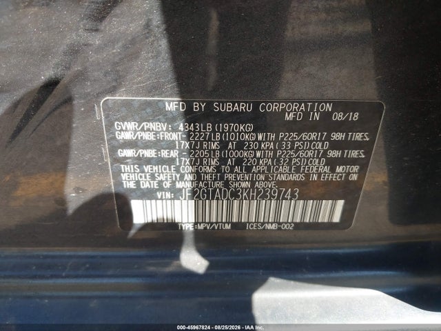 45967824 :رقم المزاد ، JF2GTADC3KH239743 vin ، 2019 Subaru Crosstrek 2.0i Premium مزاد بيع