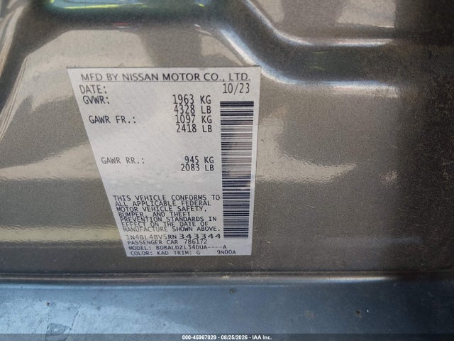 Продажа на аукционе авто 2024 Nissan Altima S Fwd, vin: 1N4BL4BV5RN343344, номер лота: 45967829