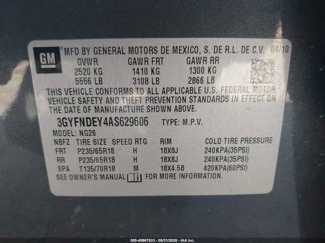 45967833 :رقم المزاد ، 3GYFNDEY4AS629606 vin ، 2010 Cadillac Srx Luxury Collection مزاد بيع