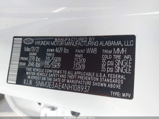 45967843 :رقم المزاد ، 5NMJE3AE4NH108937 vin ، 2022 Hyundai Tucson Limited مزاد بيع