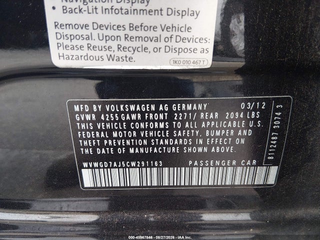 Продажа на аукционе авто 2012 Volkswagen Gti 4-door, vin: WVWGD7AJ5CW291163, номер лота: 45967846