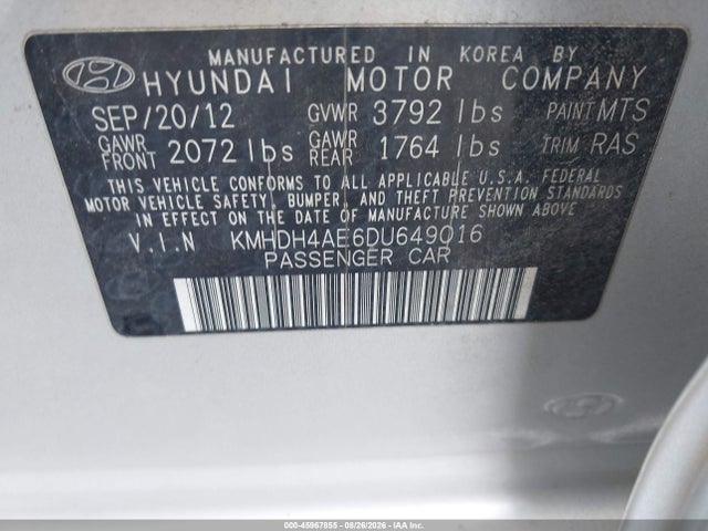 45967855 :رقم المزاد ، KMHDH4AE6DU649016 vin ، 2013 Hyundai Elantra Gls مزاد بيع