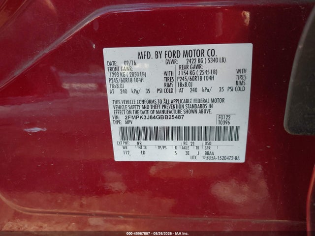 2016 Ford Edge Sel მანქანა იყიდება აუქციონზე, vin: 2FMPK3J84GBB25487, აუქციონის ნომერი: 45967857