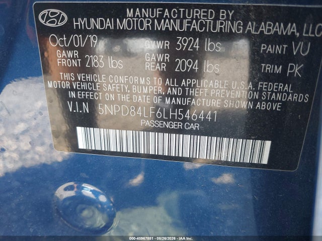 Aukcja sprzedaży 2020 Hyundai Elantra Sel, vin: 5NPD84LF6LH546441, numer aukcji: 45967881