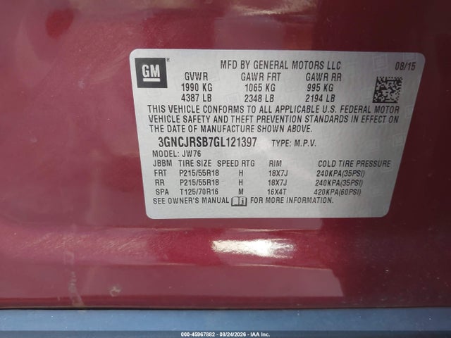 3GNCJRSB7GL121397 Chevrolet TRAX LTZ