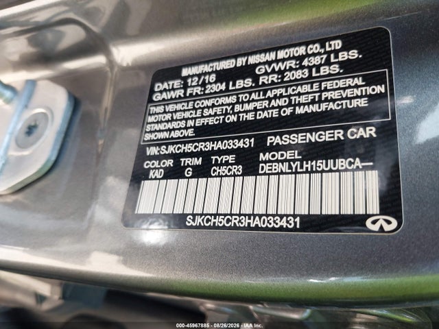 2017 Infiniti Qx30 Premium მანქანა იყიდება აუქციონზე, vin: SJKCH5CR3HA033431, აუქციონის ნომერი: 45967885