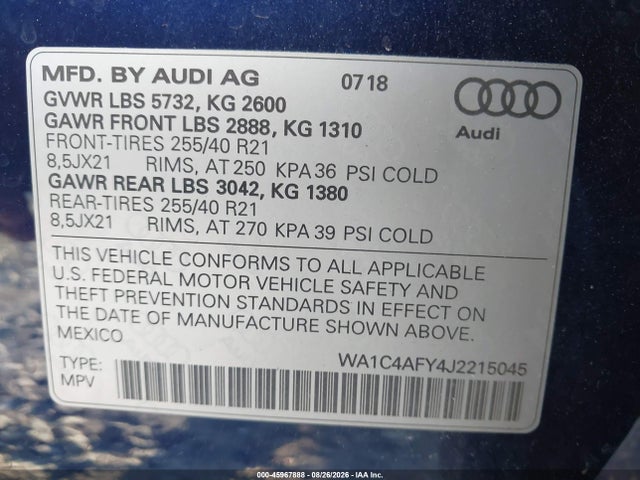 Продажа на аукционе авто 2018 Audi Sq5 3.0t Premium Plus, vin: WA1C4AFY4J2215045, номер лота: 45967888