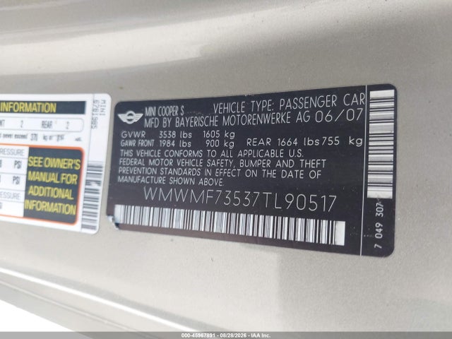 Продажа на аукционе авто 2007 Mini Cooper S, vin: WMWMF73537TL90517, номер лота: 45967891