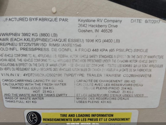 Auction sale of the 2018 Keystone Rv Other, vin: 4YDT29B2XJC502196, lot number: 45967896