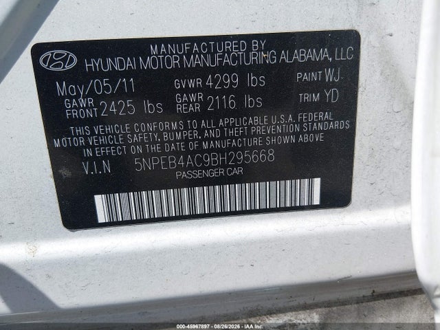 45967897 :رقم المزاد ، 5NPEB4AC9BH295668 vin ، 2011 Hyundai Sonata Gls مزاد بيع